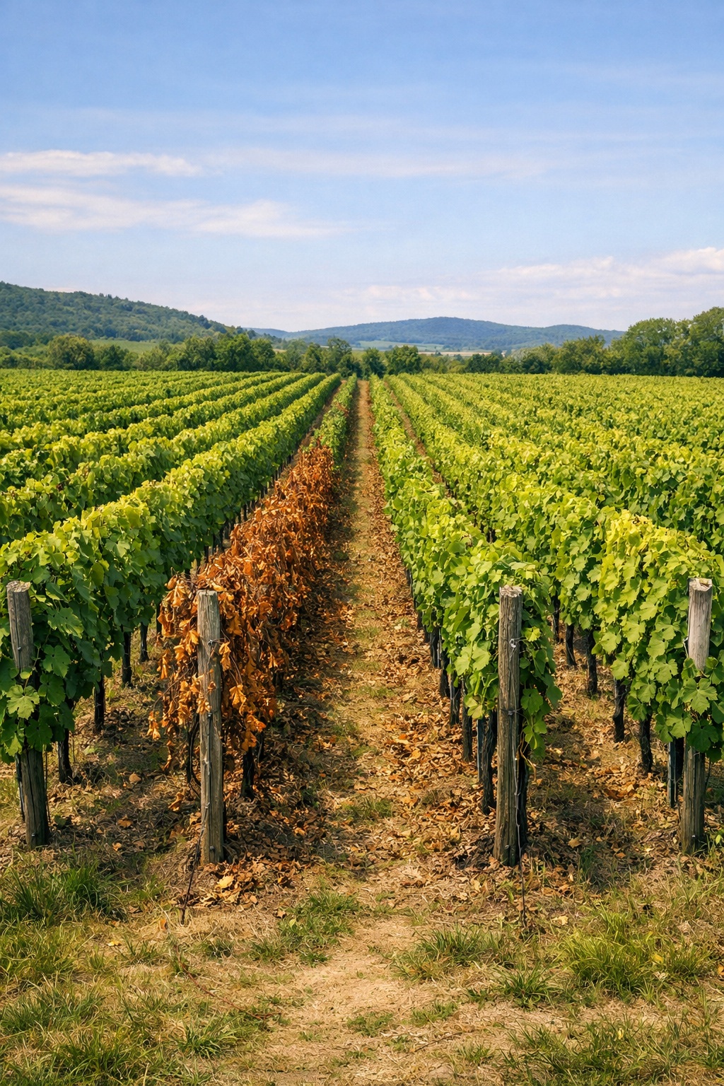 A vineyard row with severely wilted vines